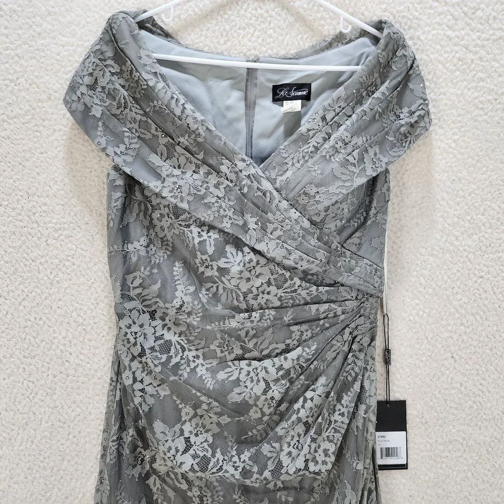 La Femme Portrait Neck Lace Gown Women's 14 Platinum Embellished Rhinestones - Picture 2 of 15